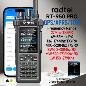 Radtel RT-950 PRO Walkie Talkie AM/FM/CB/LSB/USB/CW Receiver with GPS APRS 10W Bluetooth Phone Programming Ham Radio RT-950PRO