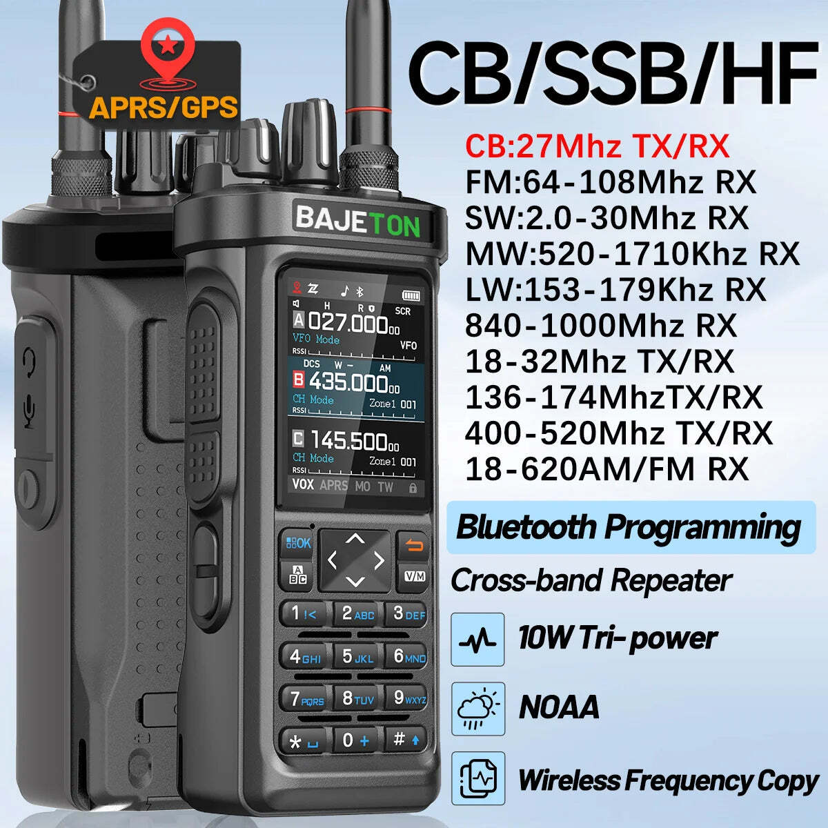 BAJETON BJ-9000 GPS APRS Walkie Talkies 10W CB 27Mhz Receive Bluetooth Programming Long Rang NOAA VOX RT-950 RT-950PRO Ham Radio