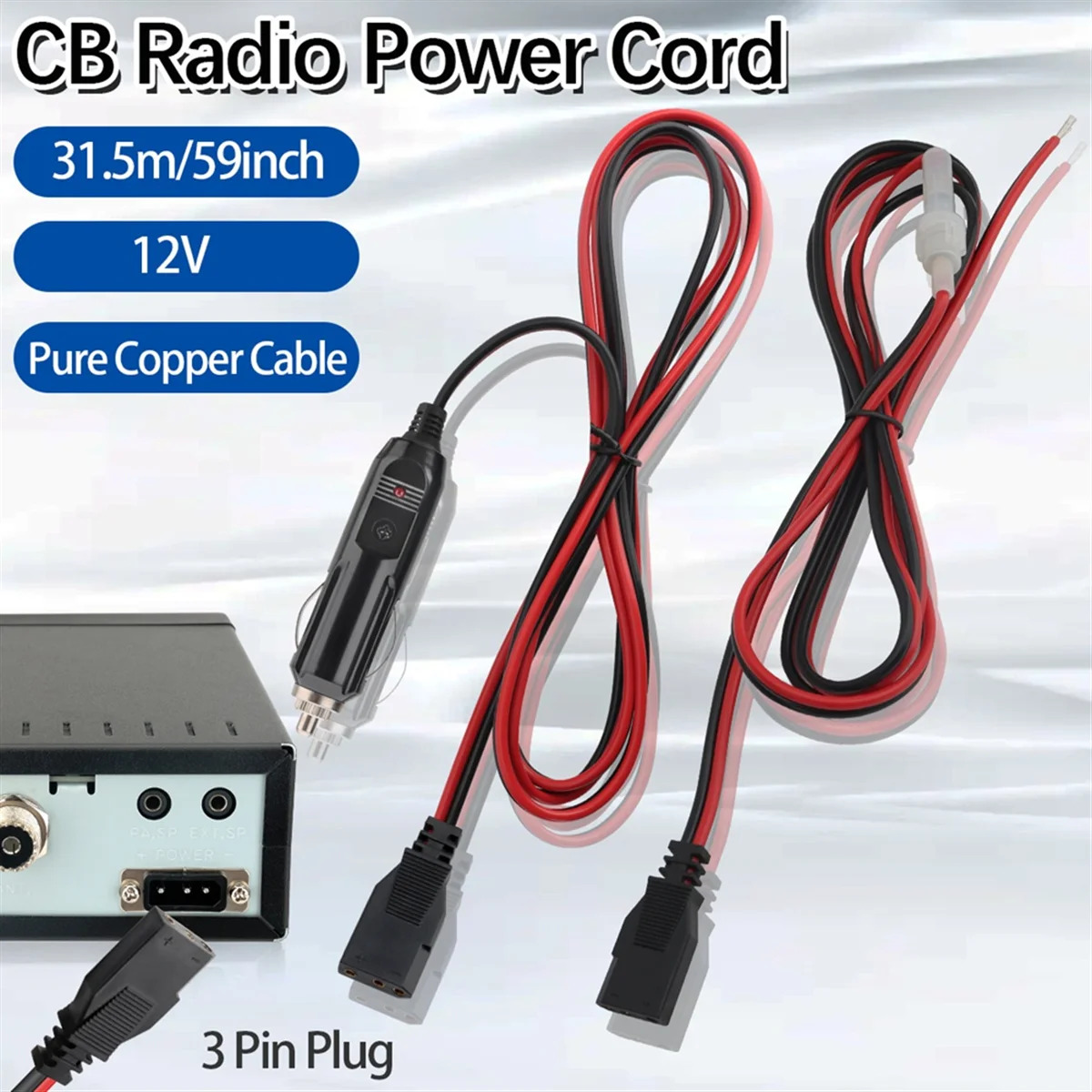 New CB Radio Power Cord 3Pin Plug Cable 2-Wire with 12V 15A Radio Accessories Lighter for 880FM/PC78LTX GMRS Mobile Radio - Image 4