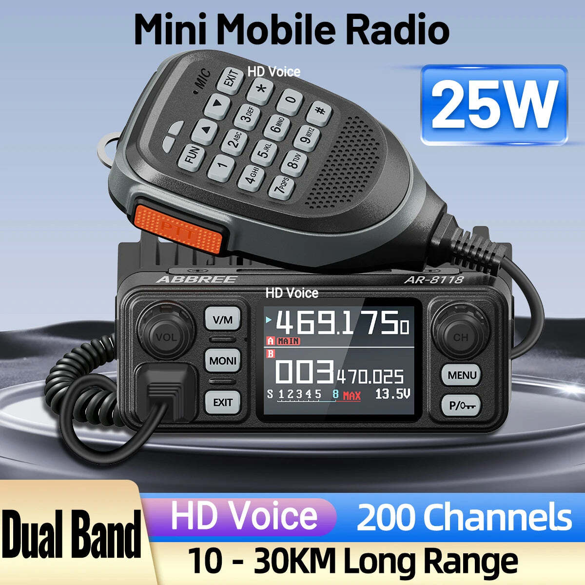 ABBREE AR-8118 25W Dual Band Mini Mobile Radio HD Voice 200CH Long Range VHF UHF Anti-Interference Dual PTT HD Vioce Car Radio