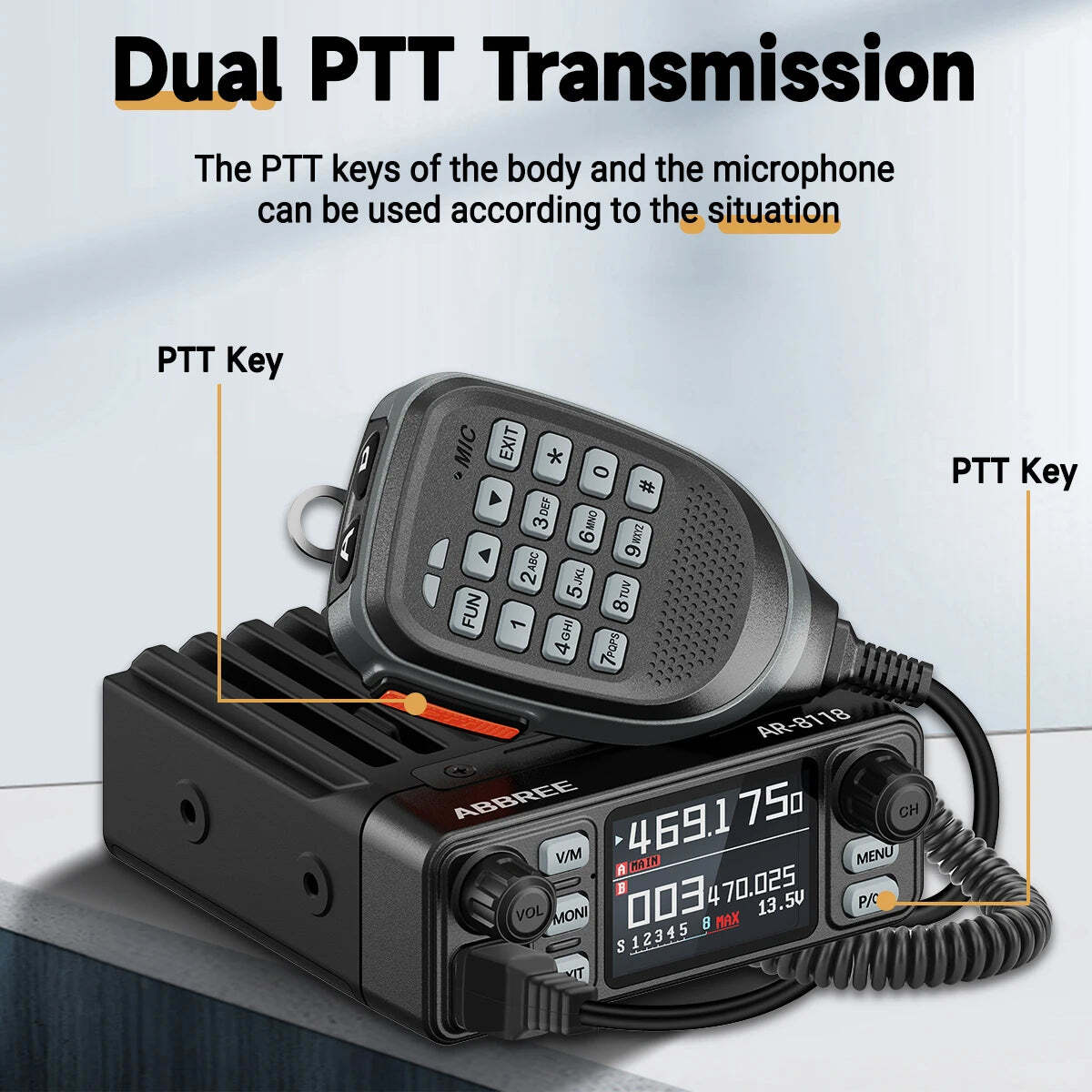 ABBREE AR-8118 25W Dual Band Mini Mobile Radio HD Voice 200CH Long Range VHF UHF Anti-Interference Dual PTT HD Vioce Car Radio - Image 4