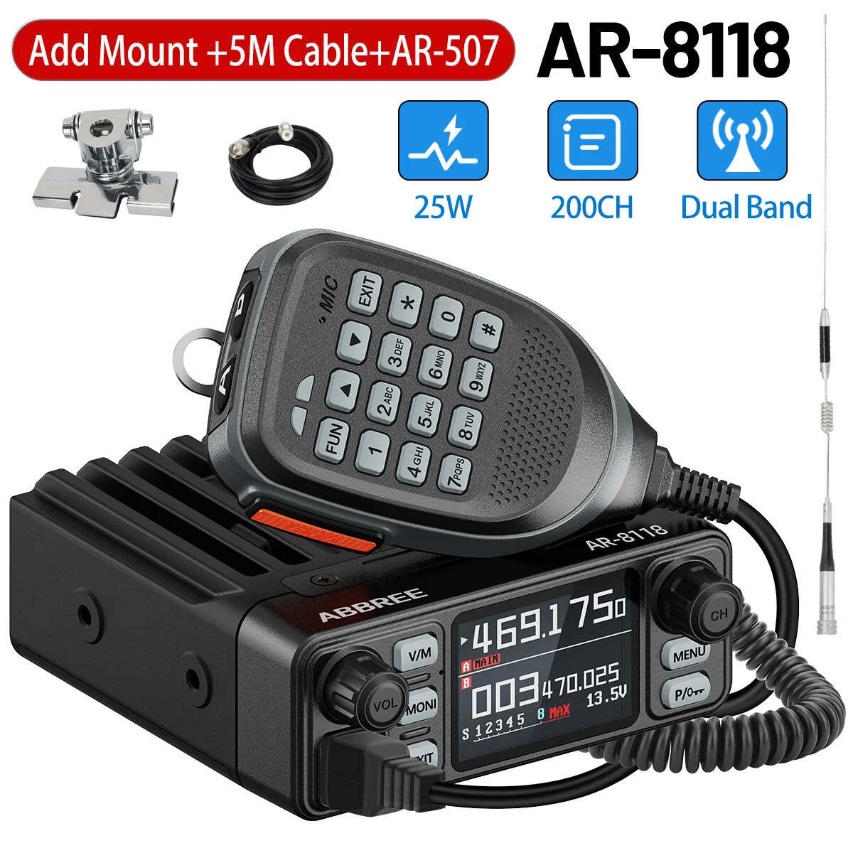 ABBREE AR-8118 25W Dual Band Mini Mobile Radio HD Voice 200CH Long Range VHF UHF Anti-Interference Dual PTT HD Vioce Car Radio - Image 8