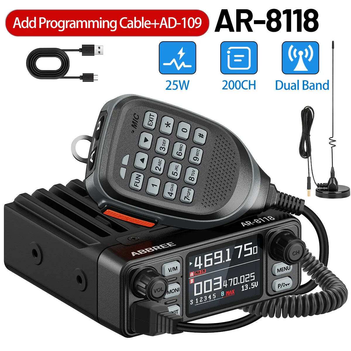 ABBREE AR-8118 25W Dual Band Mini Mobile Radio HD Voice 200CH Long Range VHF UHF Anti-Interference Dual PTT HD Vioce Car Radio - Image 9