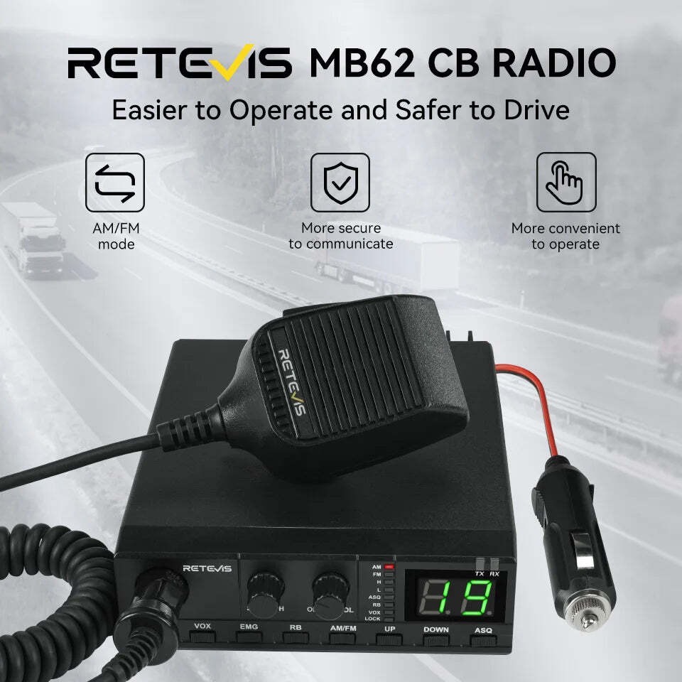 Retevis MB62 CB Radio 27Mhz AM/FM Mobile Car Handheld Communicator Long Range Radios Instant Channel 9/19 for Truckers