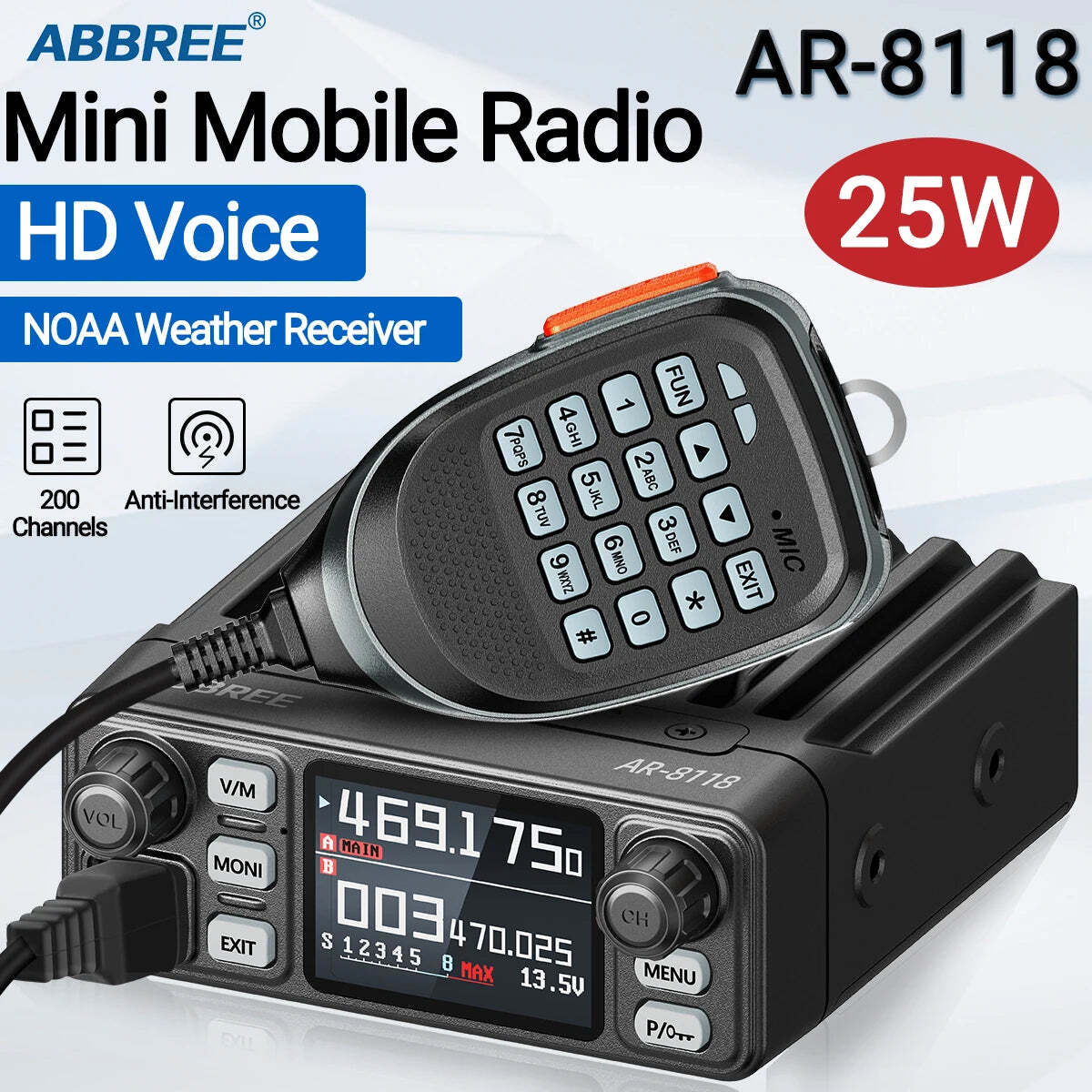 ABBREE AR-8118 Mini Mobile Radio 25W Dual Band VHF UHF 200CH Long Range NOAA VOX Clear HD Voice Dual PTT Car Radio