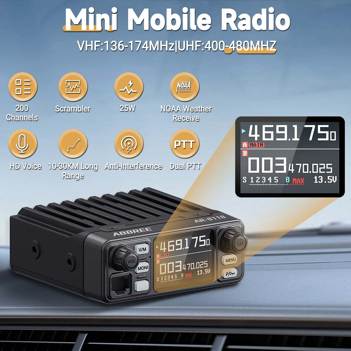 ABBREE AR-8118 Mini Mobile Radio 25W Dual Band VHF UHF 200CH Long Range NOAA VOX Clear HD Voice Dual PTT Car Radio - Image 2
