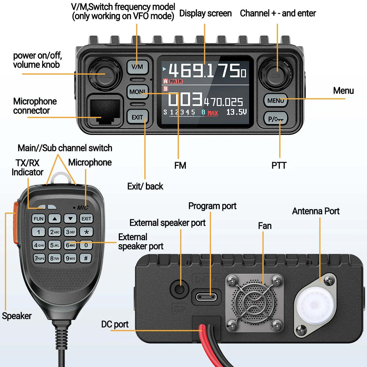 ABBREE AR-8118 Mini Mobile Radio 25W Dual Band VHF UHF 200CH Long Range NOAA VOX Clear HD Voice Dual PTT Car Radio - Image 6