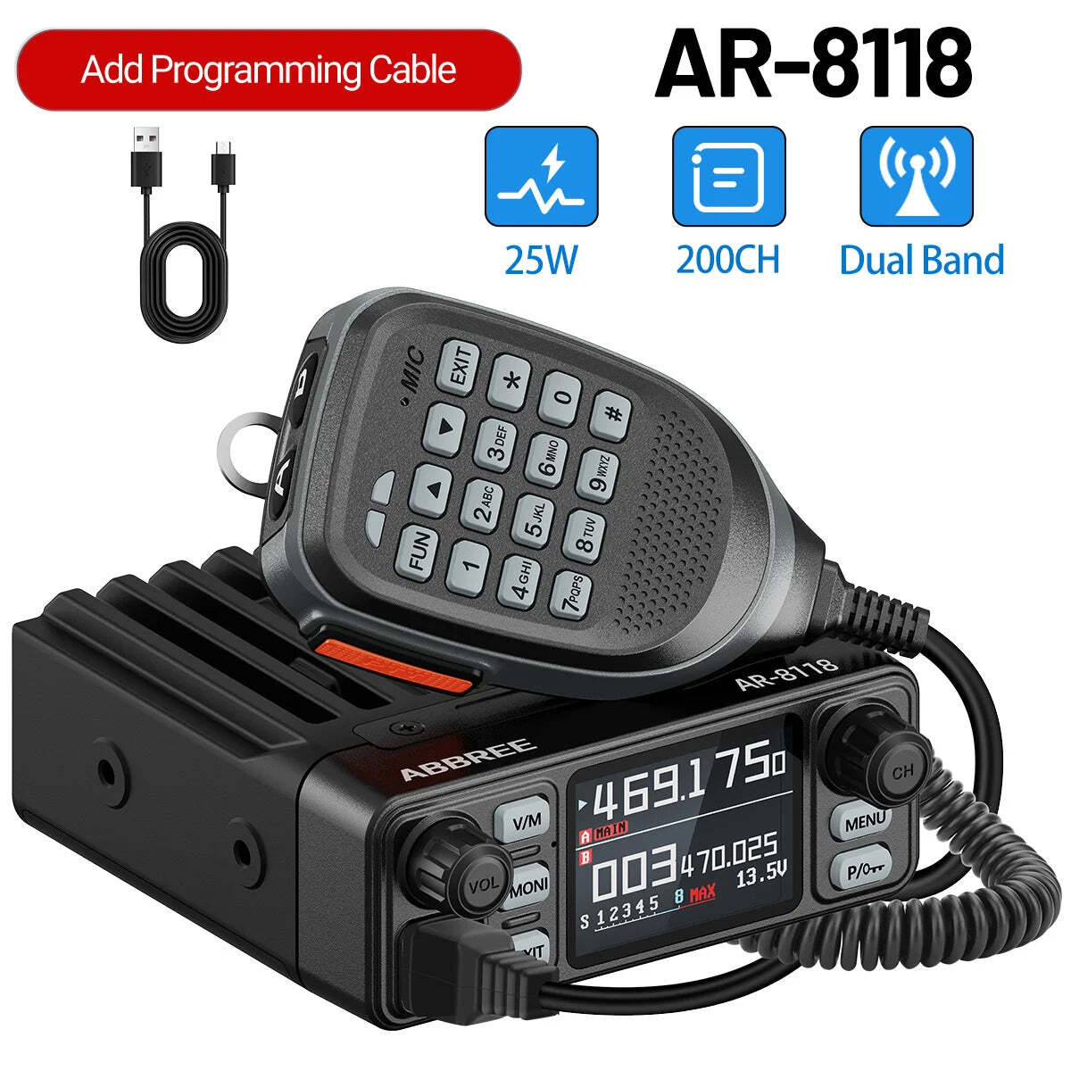 ABBREE AR-8118 Mini Mobile Radio 25W Dual Band VHF UHF 200CH Long Range NOAA VOX Clear HD Voice Dual PTT Car Radio - Image 8