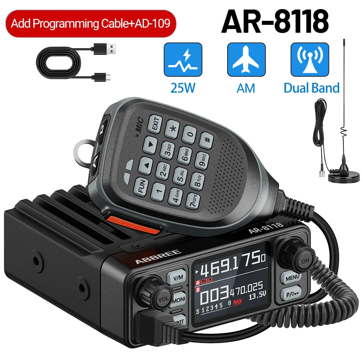 ABBREE AR-8118 Mini Mobile Radio 25W Dual Band VHF UHF 200CH Long Range NOAA VOX Clear HD Voice Dual PTT Car Radio - Image 9