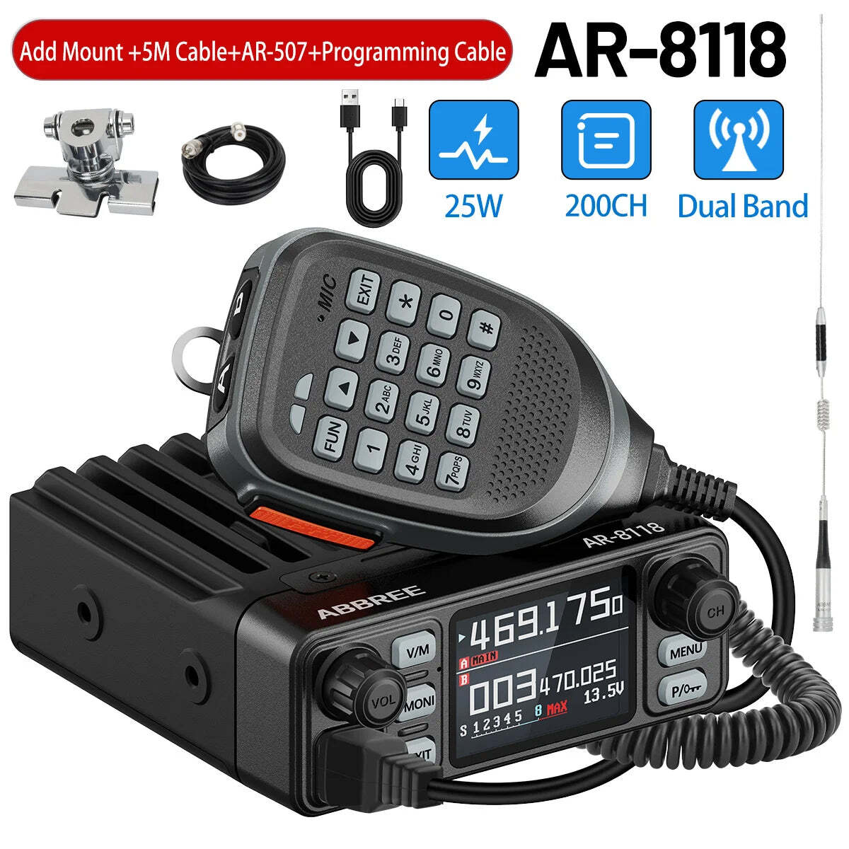 ABBREE AR-8118 Mini Mobile Radio 25W Dual Band VHF UHF 200CH Long Range NOAA VOX Clear HD Voice Dual PTT Car Radio - Image 11